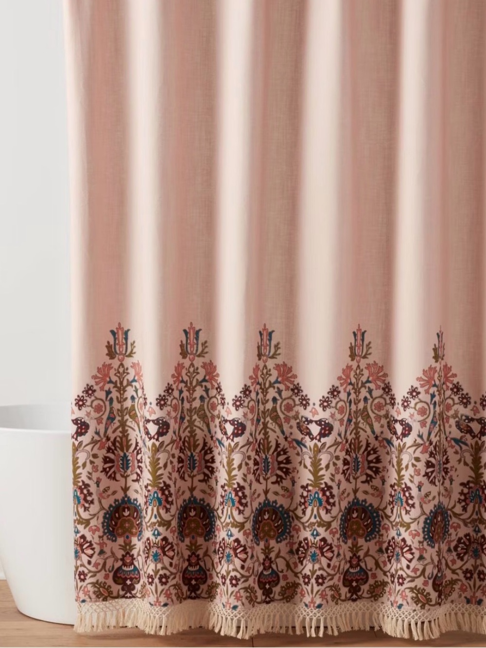 Threshold Pink Embroidered Fringe Shower Curtain
